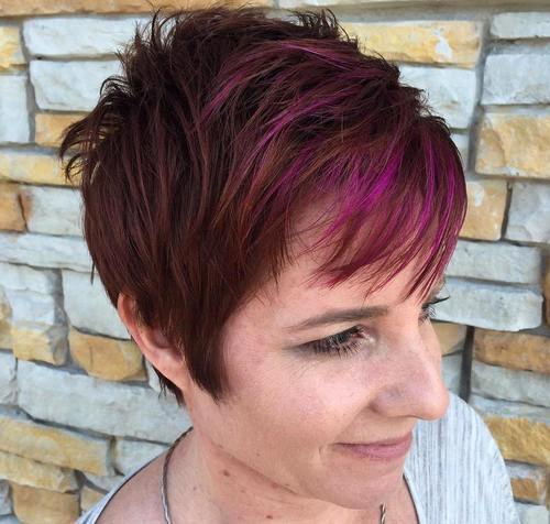 brown pixie with purple highlights in bangs