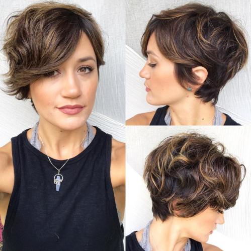 Wavy Chocolate Pixie With Caramel Highlights
